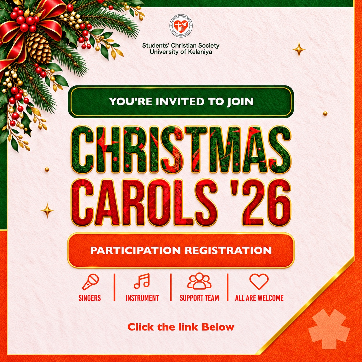 Official Christmas Carols ’26 participation registration poster by the Students’ Christian Society, University of Kelaniya.